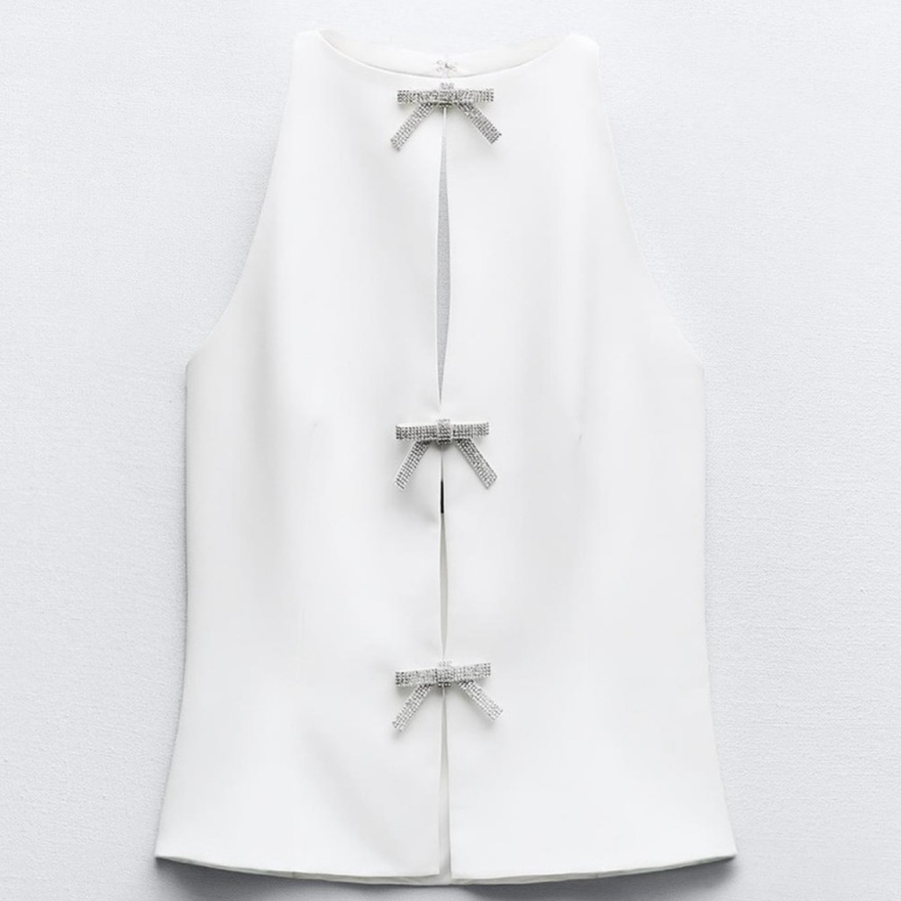 ZARA White Sleeveless Top with Bow Accents